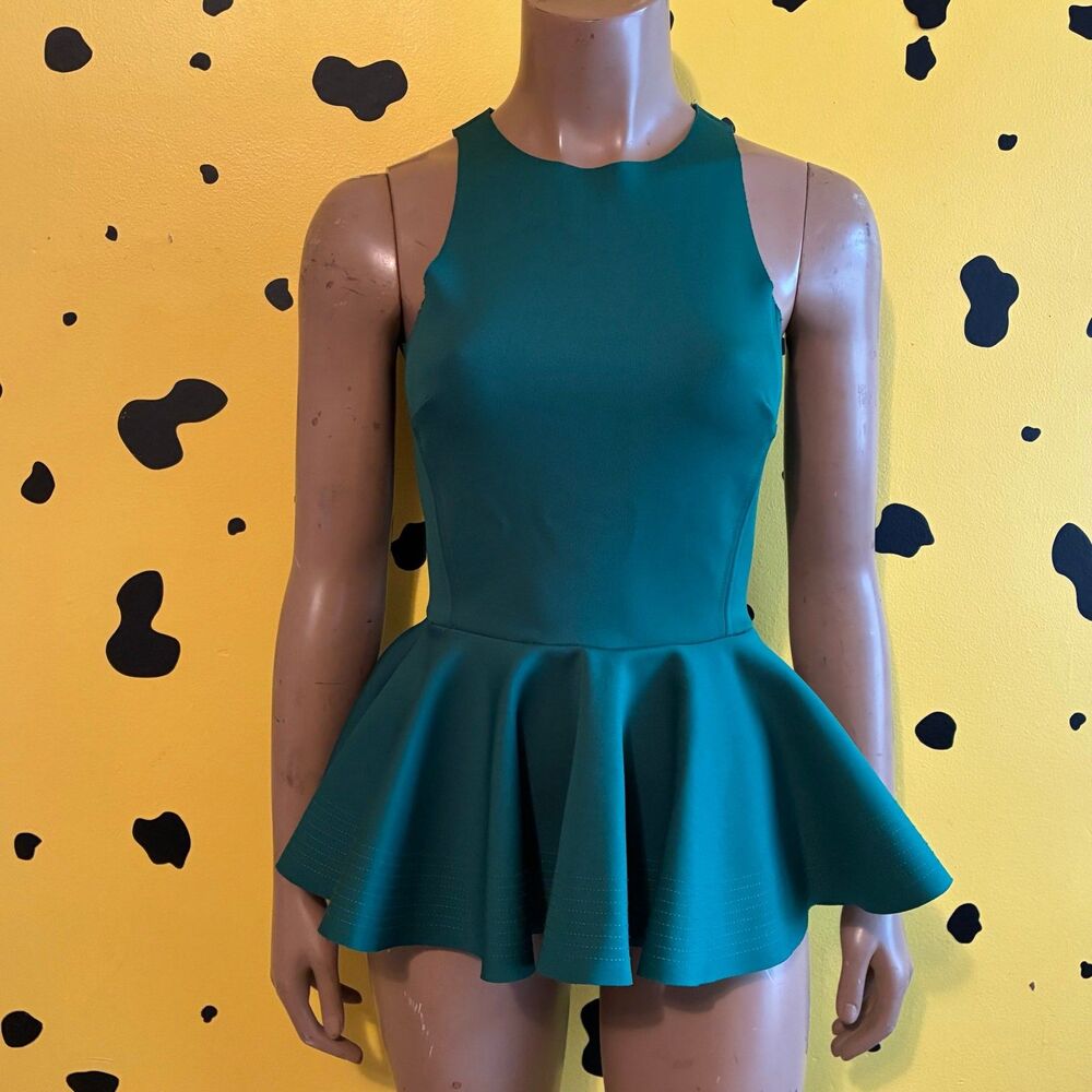 H&M Green Peplum Top Blouse Sleeveless Flare Hem Office Siren Whimsigoth Size 2